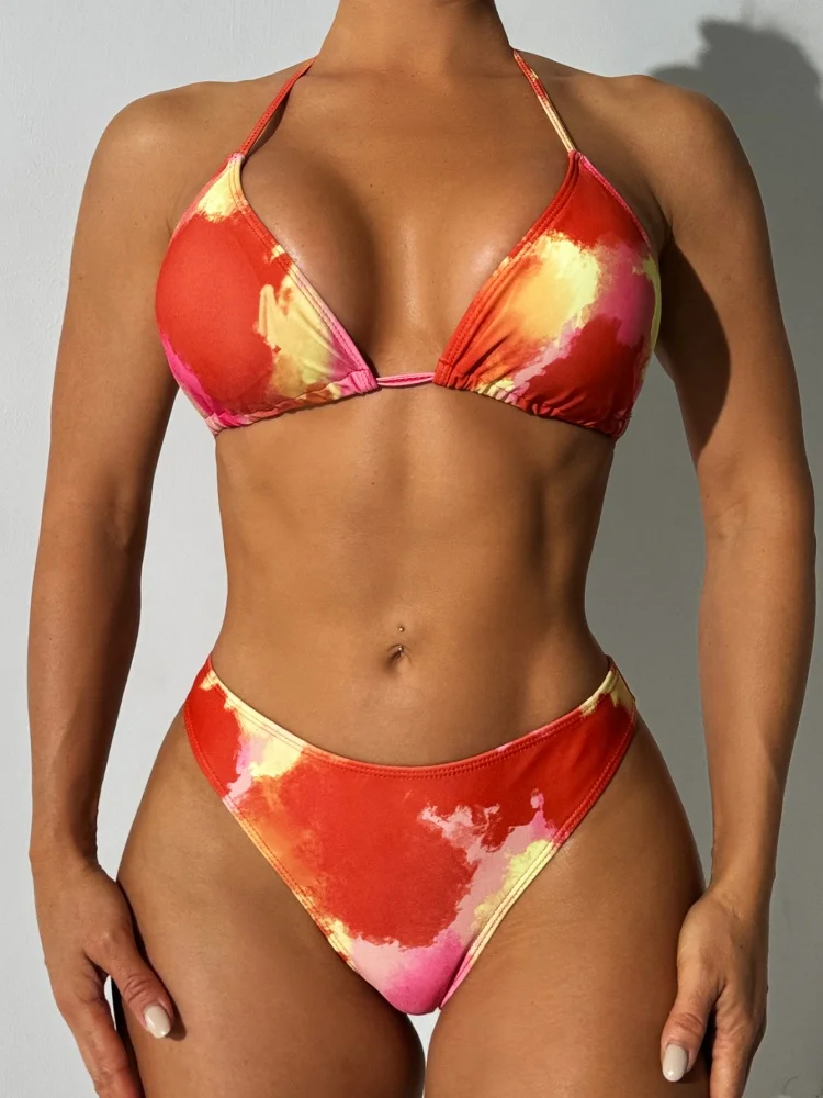 Bikini Women Swimsuit 2025 New Tie Dye Halter Design Bikinis Set Sexy Lace Up Swimwear Summer High Waist Beachwear Bathing Suit