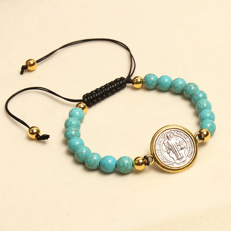 Saint Benedict's Exorcist Statue Bracelets Artificial Turquoise Handmade Weaving Art Retro Couple Bracelet Jewelry