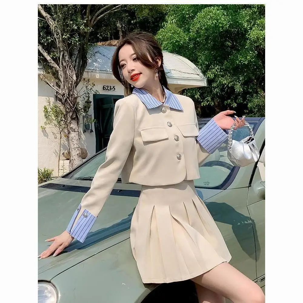 

Striped Patchwork Blazer Short Jacket and Pleated Skirt Chic Style Fashion Two-Piece Set for Women 2023 Autumn and Winter Trendy