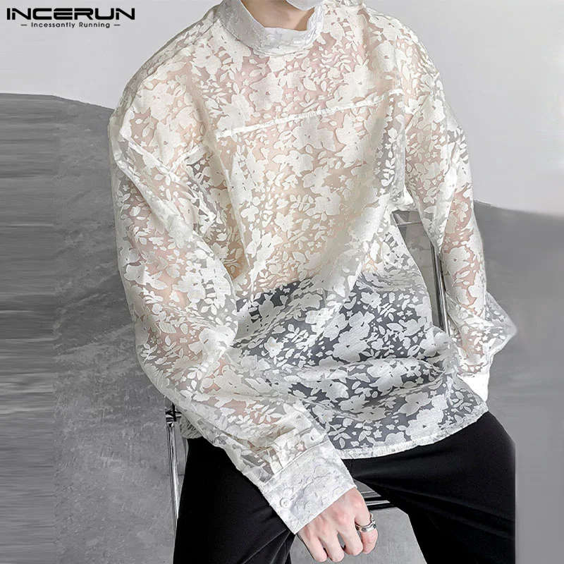 INCERUN Men T Shirt Mesh Transparent Jacquard Turtleneck Long Sleeve Sexy Men Clothing Streetwear 2024 Fashion Unisex Tee Tops