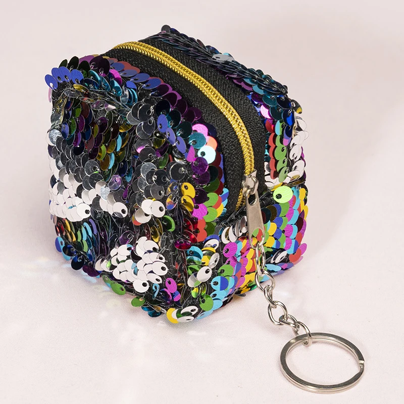 Amiqi Reflective Sequined Coin Wallet Zipper Bag Zipper Mini Case Pouch Card Holder Fashion Key Chain Purse Kids Gifts Monedero