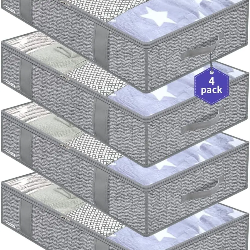 

4-Pack Large Folding Underbed Storage Bags with Clear View and Reinforced Handles in Herringbone Grey