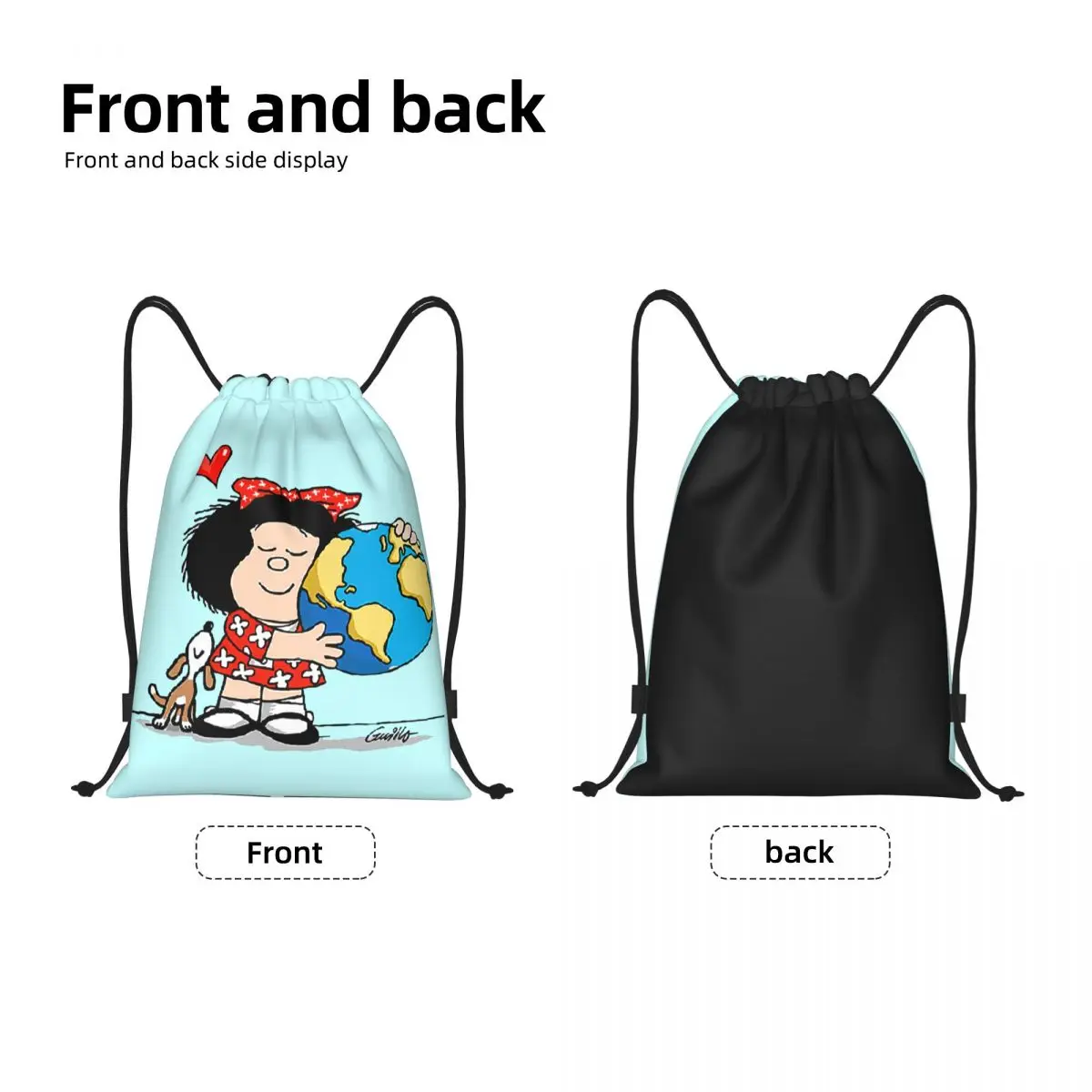 Mafalda World And Her Puppy Drawstring Backpack Sports Gym Bag for Men Women Quino Comic Cartoon Shopping Sackpack