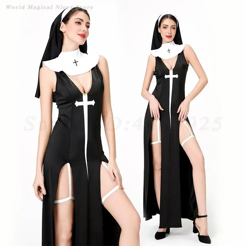 Women's Sexy Nun Cosplay Costume Halloween Fancy Dress Black Maid Role Playing Clothing Carnival Festival Adult Nun Dress Up view 2