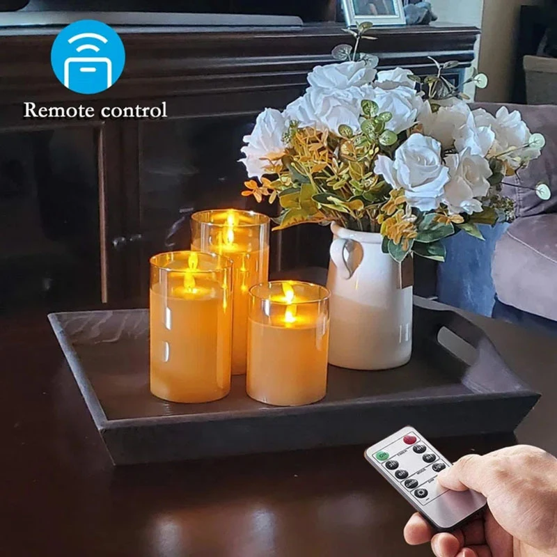 LED Flameless Candles Flickering Pillar Battery Operated Candles with Timer Remote Glass Effect for Festival Wedding Home Party