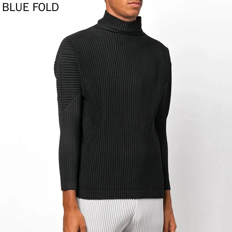 

MIYAKE Pleated Basic High Collar Long Sleeve Loose Casual Solid Color Bottoming Tshirt Top for Men PLEATS Long Sleeve Tees