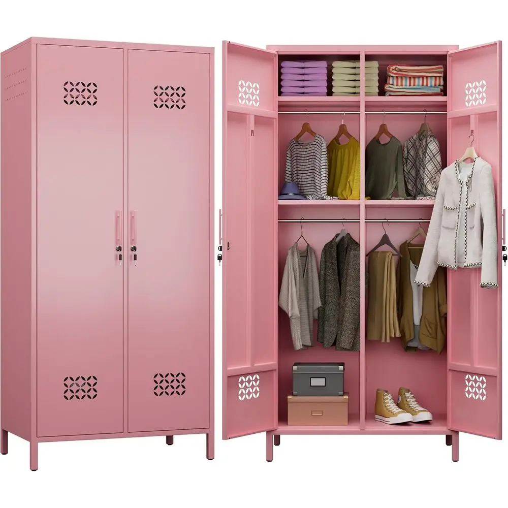 

Metal Wardrobe Closet with 2 Doors, 19 Deep Cabinet, 4 Adjustable Shelves, 2 Hanging Rods, Home Storage, Pink, Assembly Needed