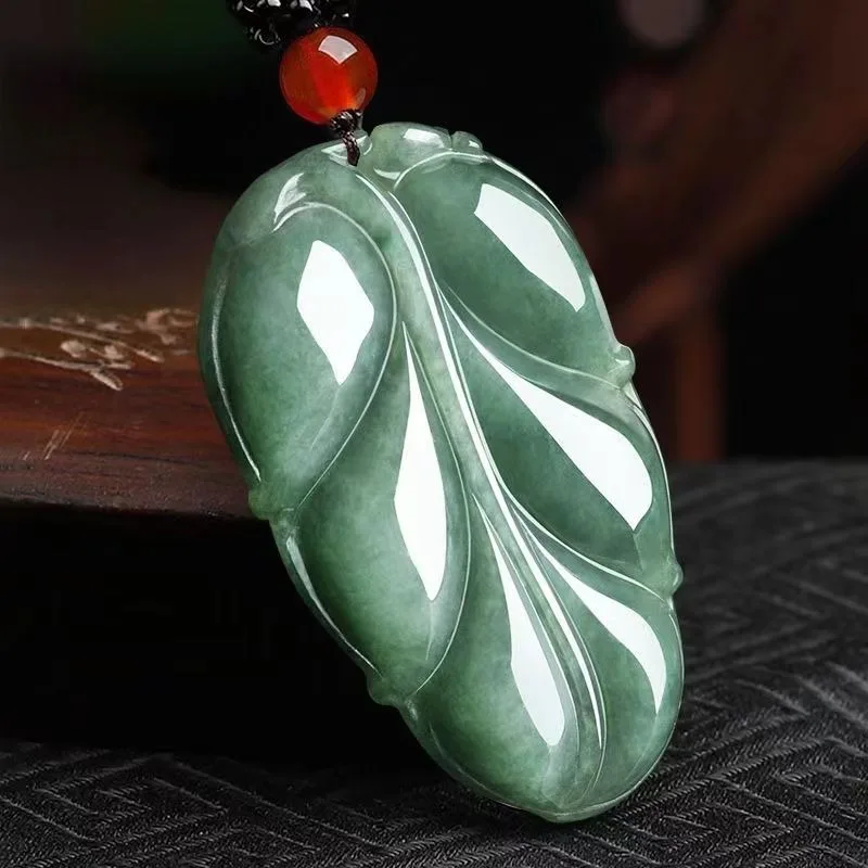 Light Green Ice Couple Necklace with Golden Branches and Jade Leaves Pendant