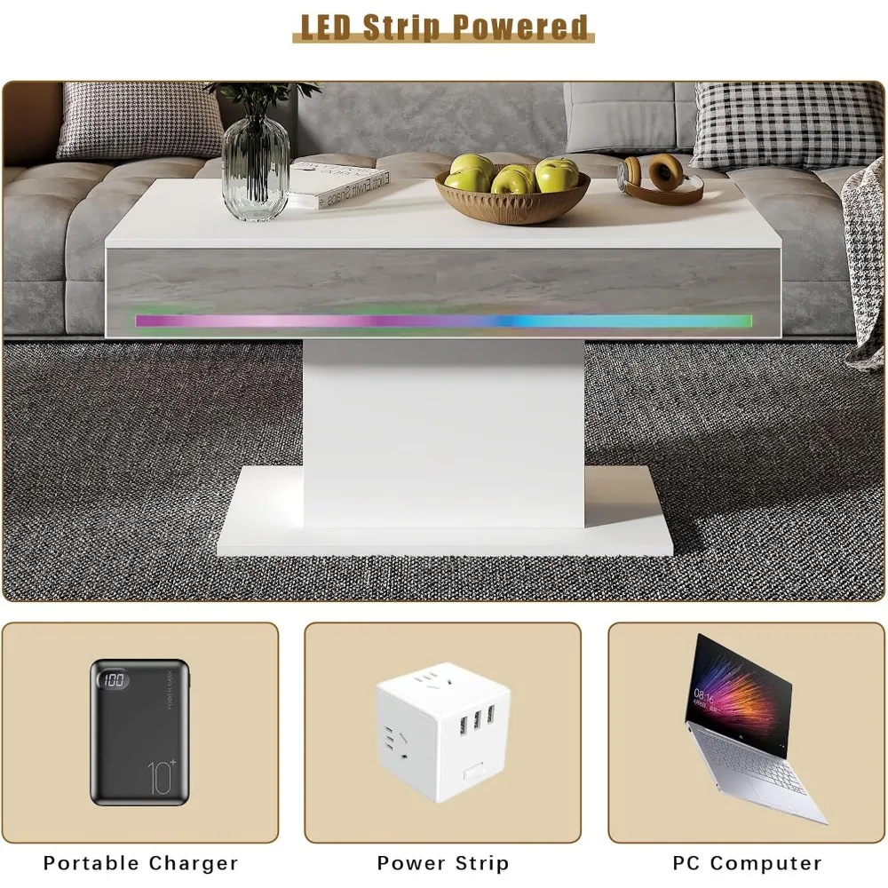 Modern Rectangular LED Coffee Table for Living Room with 16 Color Options, Wooden Center Table for Contemporary Style