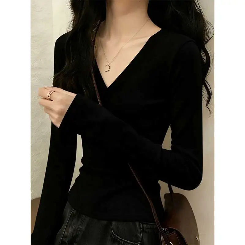 

Women Clothing Autumn Winter Simplicity All-match Appear Thin Slim Solid Color V-neck Long Sleeve Female Warm Bottoming Shirt To