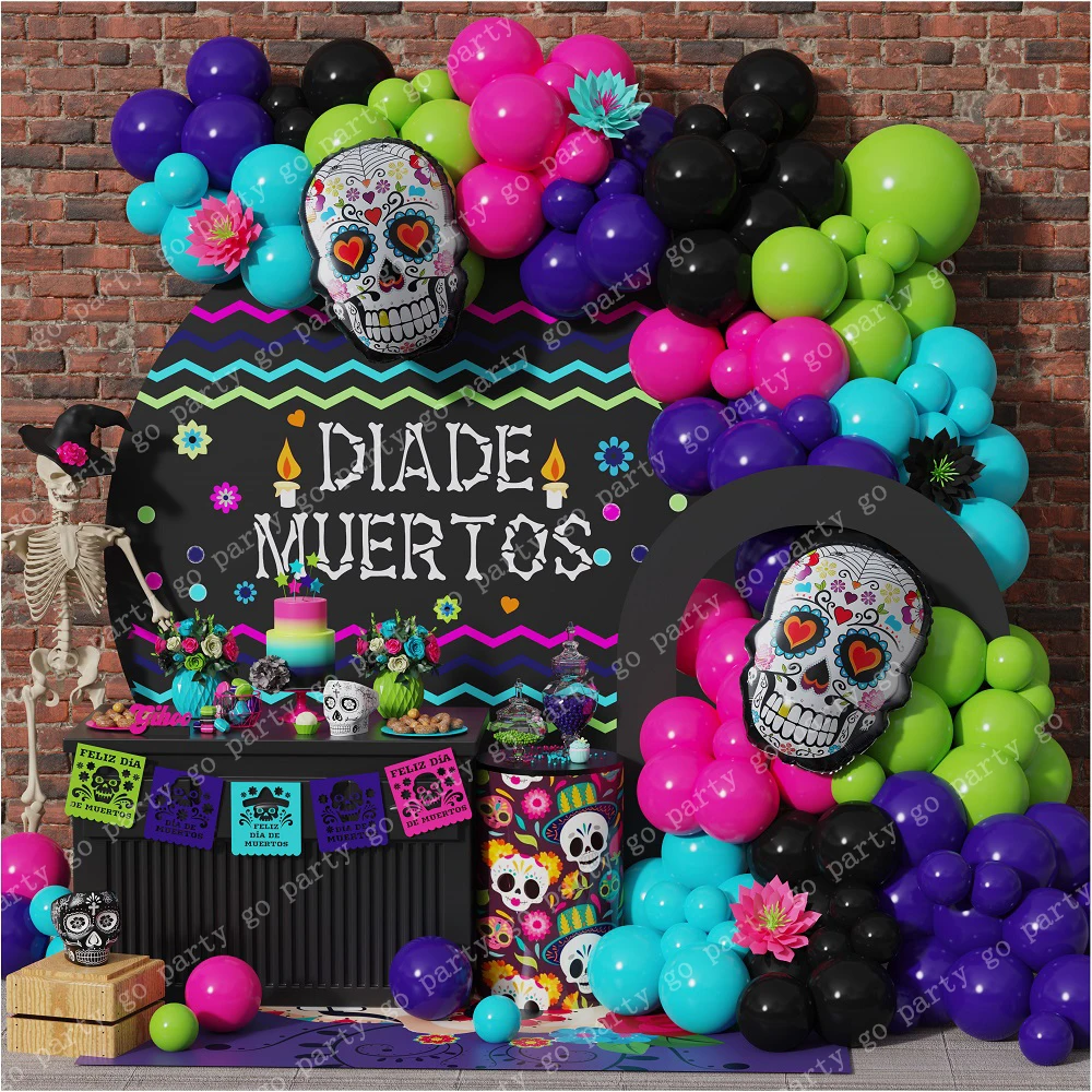 

110pcs Mexico Day of the Dead Colorful Balloon Arch Garland Kit Sugar Skull Foil Balloons for Dia De Los Muertos Altar Party Dec