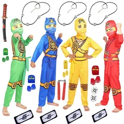 Boys And Girls Ninja Cosplay Street Costume 5 Colors Red Yellow Blue Green Black Jumpsuit Set Halloween Christmas New Year Party