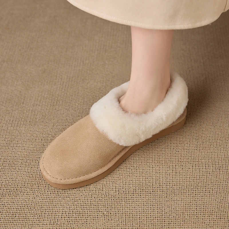 New Trend 2027 Winter Natural Cow Suede 100% Wool Fashion Women Snow Boots Ladies Apricot Brown Chocolate Round Toe Flat Shoes