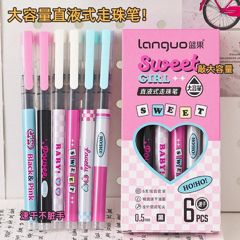 Papelaria para Escritório Escolar Kawaii, Caneta Roller, Alta Capacidade, Tinta Preta, Líquido Reto, Canetas Rollerball Gel, Secagem Rápida, 0,5mm