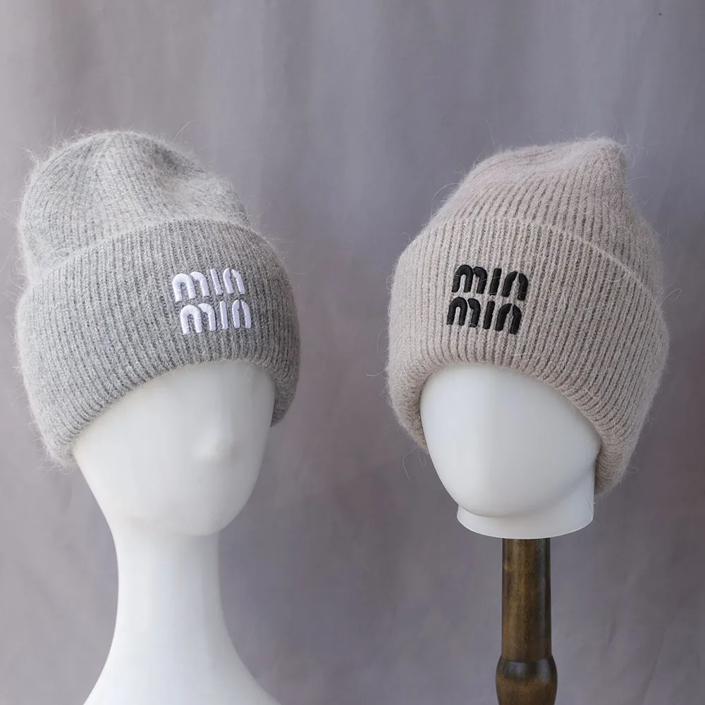 new Hot Selling Real Rabbit Fur Winter Hats with letter For Women Fashion Warm Beanie Hats Women Solid Adult Cover Head Cap