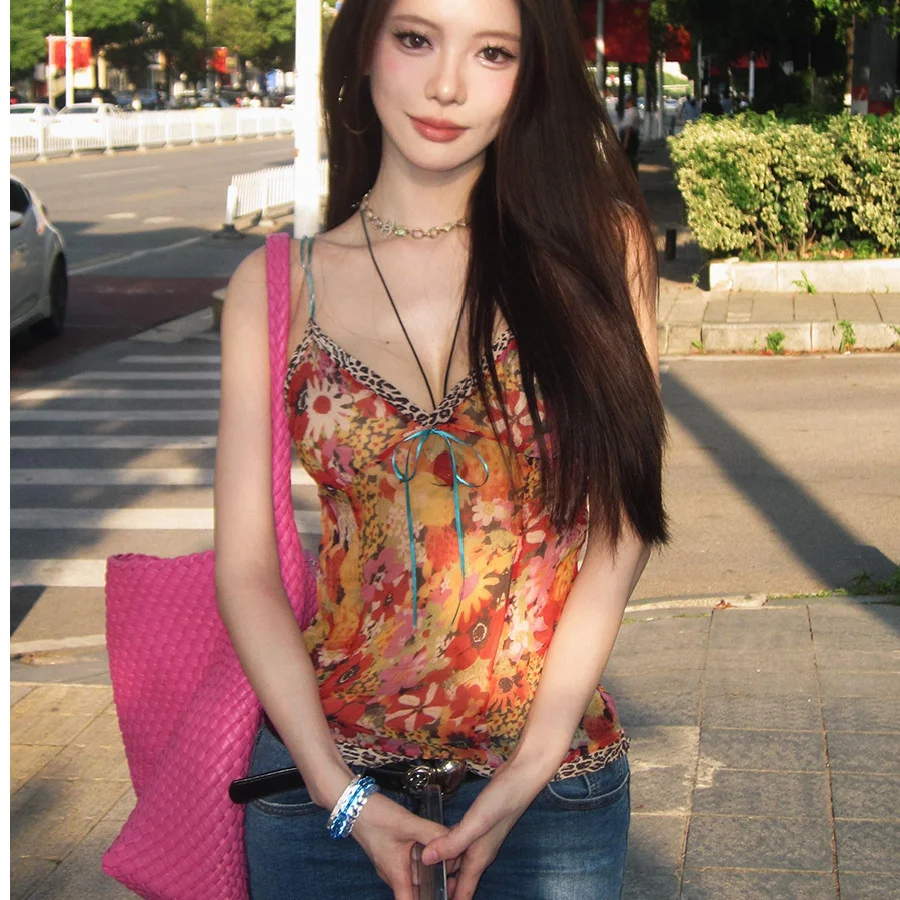 

Camisole Harajuku Women Chiffon Brown Sheer Crop Gothic Stylish Sweet Asymmetrical Racerback Button-Up Patchwork See-Through Ins