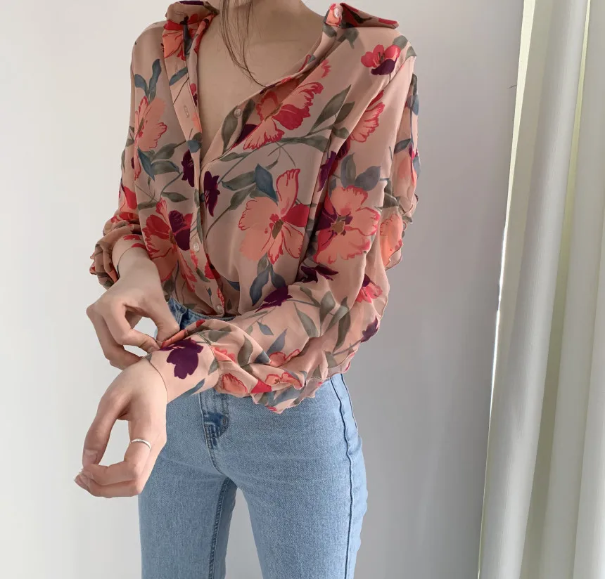 2024 Women\'s Fashion Floral Print V-Neck Long Sleeve Chiffon Shirt Blouse Office Button Luxury Shirt Vintage Tops Tunics S-2XL