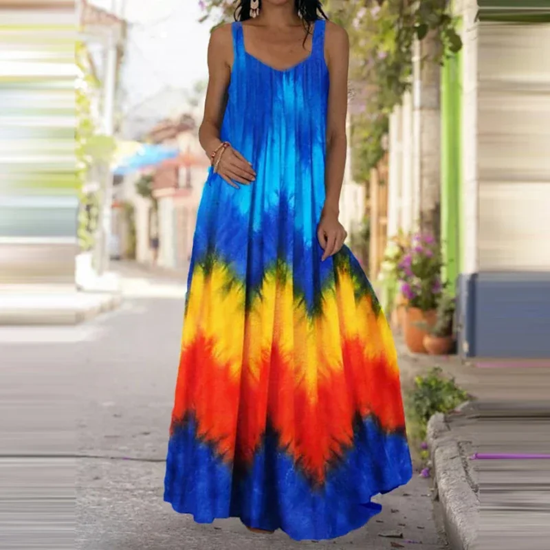 Women\'s Fashionable Flame Printed Sleeveless Dress  Summer Casual Printed Long Dress