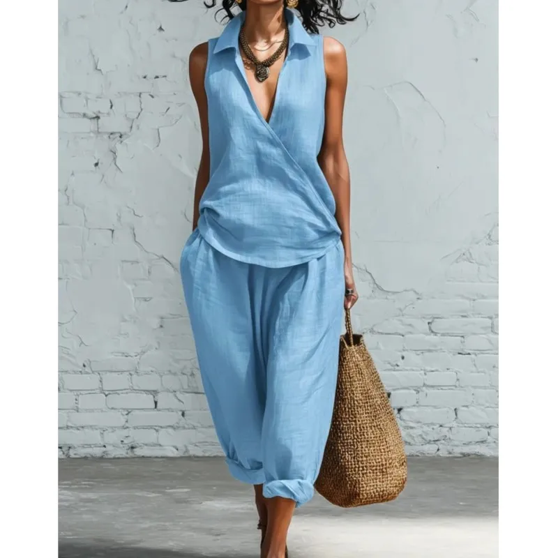 

Fashion Streetwear For Women Summer Foreign Style Lapel Loose Top Two-piece Set Ladies Sleeveless Shirt +Wide-leg Pants Outfit