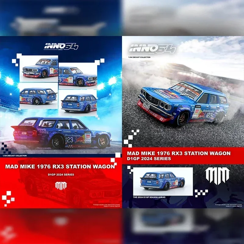 

INNO In Stock 1:64 MAD MIKE 1976 MAZDA RX3 Station Wagon D1GP Series 2024 Diecast Diorama Car Model Collection Toys