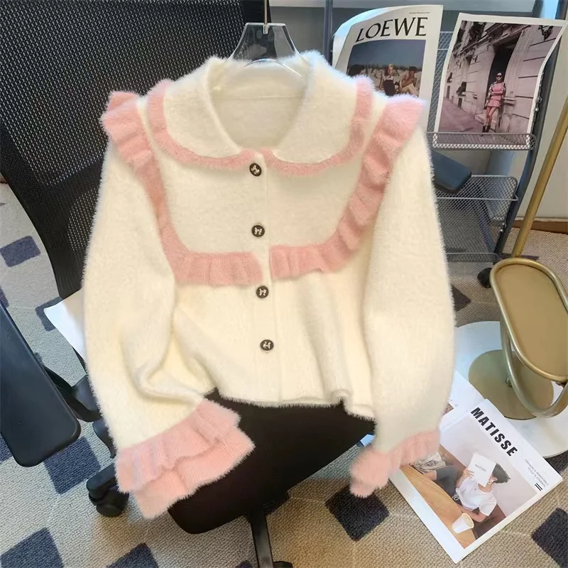 Sweater Cardigan Women Peter Pan Collar Ruffle Sweet Contrast Color Short Knitted Coat French Fashion Sueters De Mujer