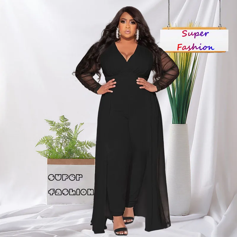 XL-4XL 2022 fall plus size dames pakken effen kleur mesh lange mouw v-hals splicing mode casual vrouwen kleding tweedelige sets