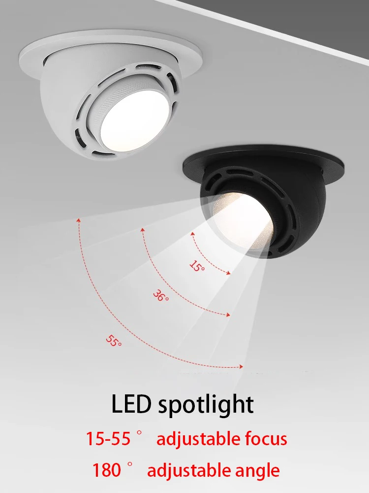 Led Spotlights Adjustable Focus Angle Spot Light Variable Zoom Universal Recessed Ceiling Lamp White Black COB Foco 110V 220V
