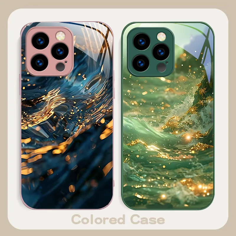 موجات ملونة زرقاء لهاتف آيفون 16 Plus 15 14 13 12 Mini 11 Pro Max X XS XR 7 8 Plus 2022 حافظة هاتف من الزجاج المقسى