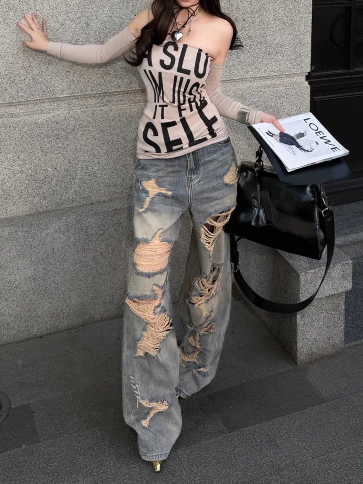 

Summer 2026 Slim Fit Lazy Style High Street Ripped Worn out Thin Denim Jeans American Wide Leg Floor Length Women's Jeans