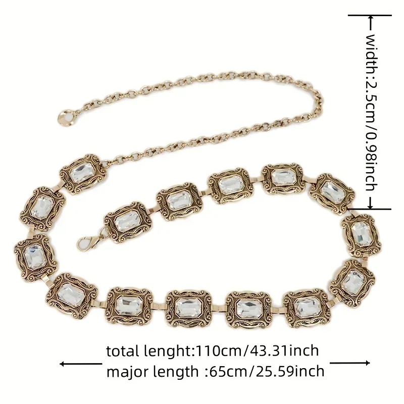 Boho Engraved Metal Chain Belt Rhinestone Inlaid Vintage Waist Chain Women\'s Coat Dress Tassel Chain Accessories