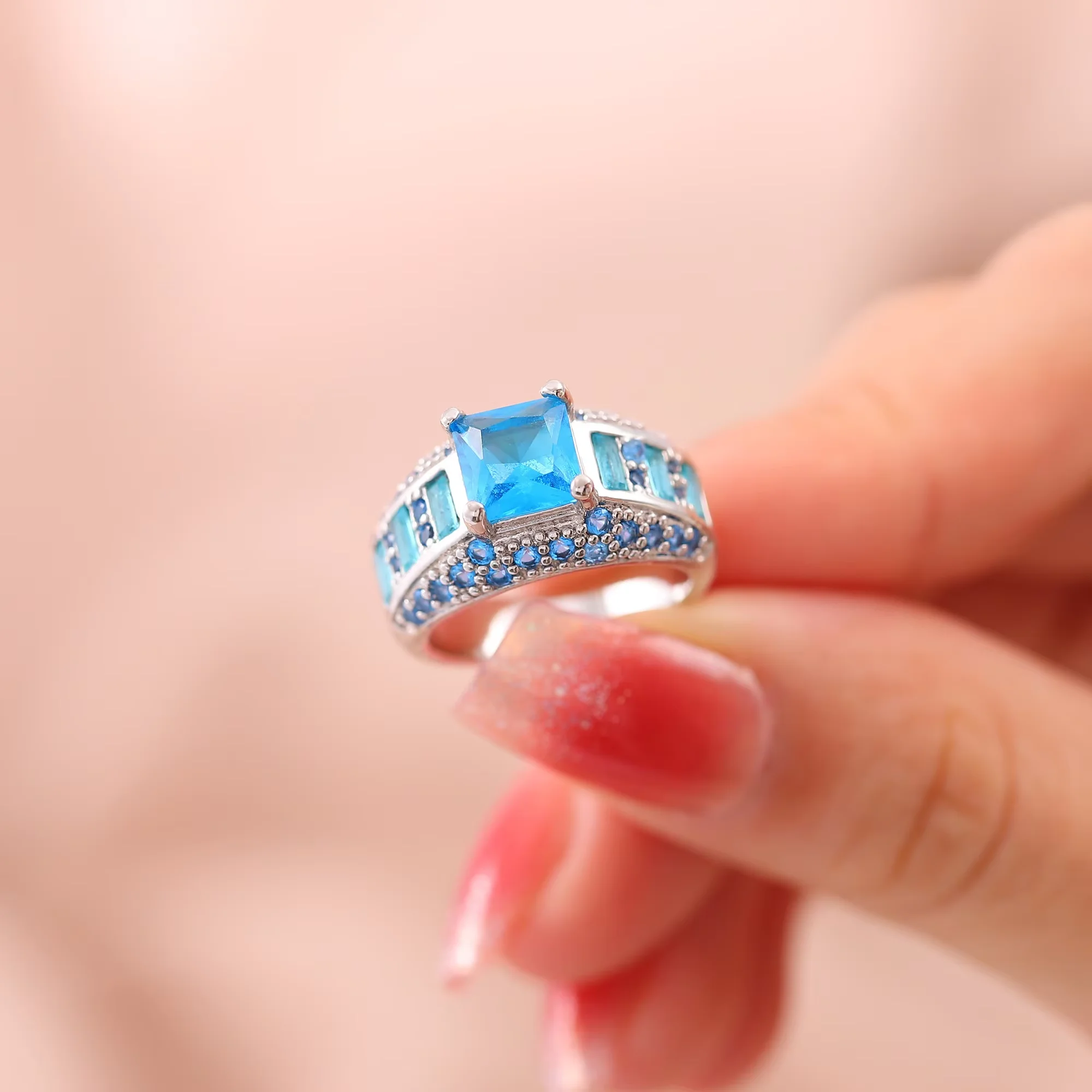 Light Blue Zircon Silver Plated Wide Face Comfort Ring For Friends and Family Birthday Gifts