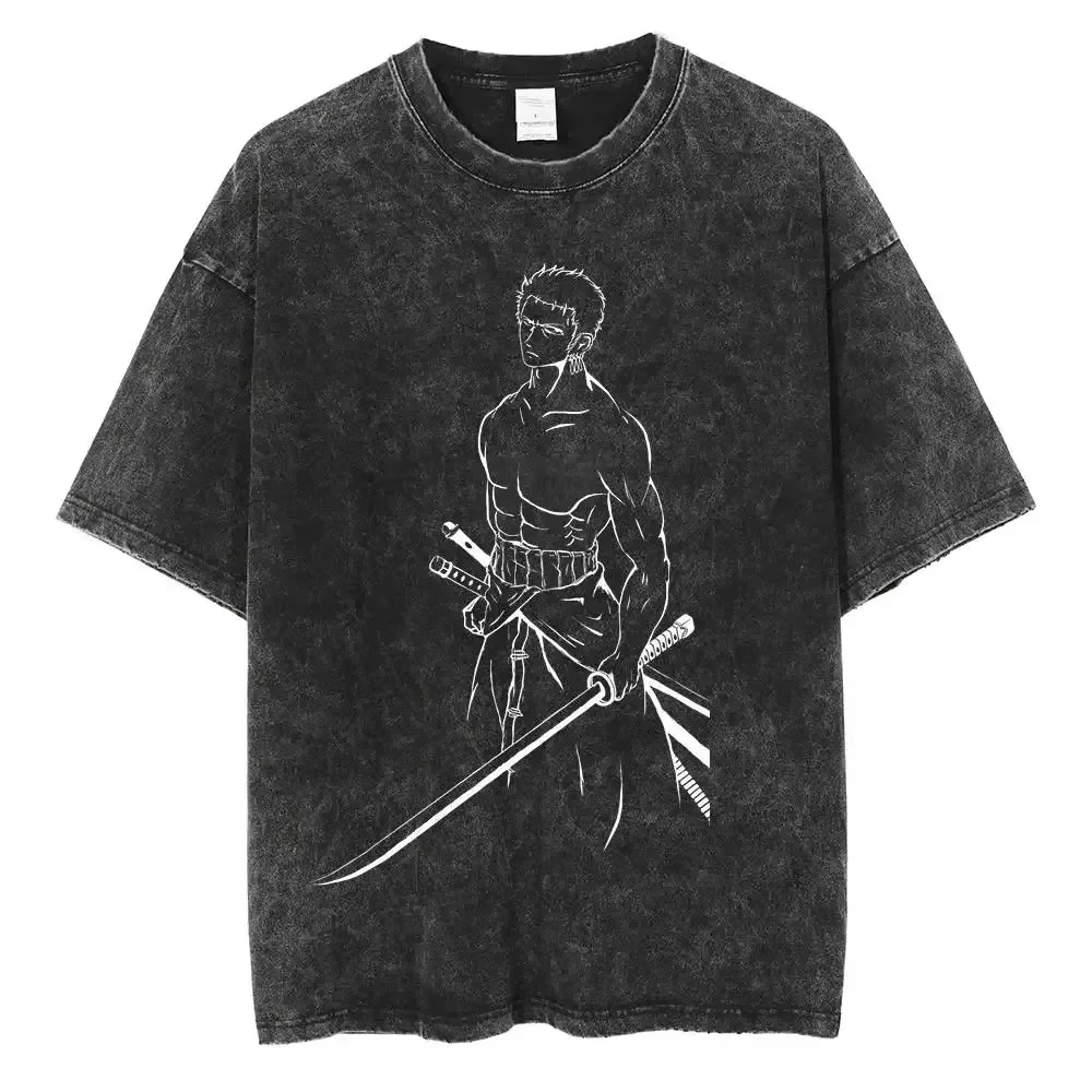 2026  Anime ONE PIECE Zoro Printed T-shirt Men's and Women's Washed T-shirt High Quality Vintage Cotton T-shirt Harajuku Y2K Top