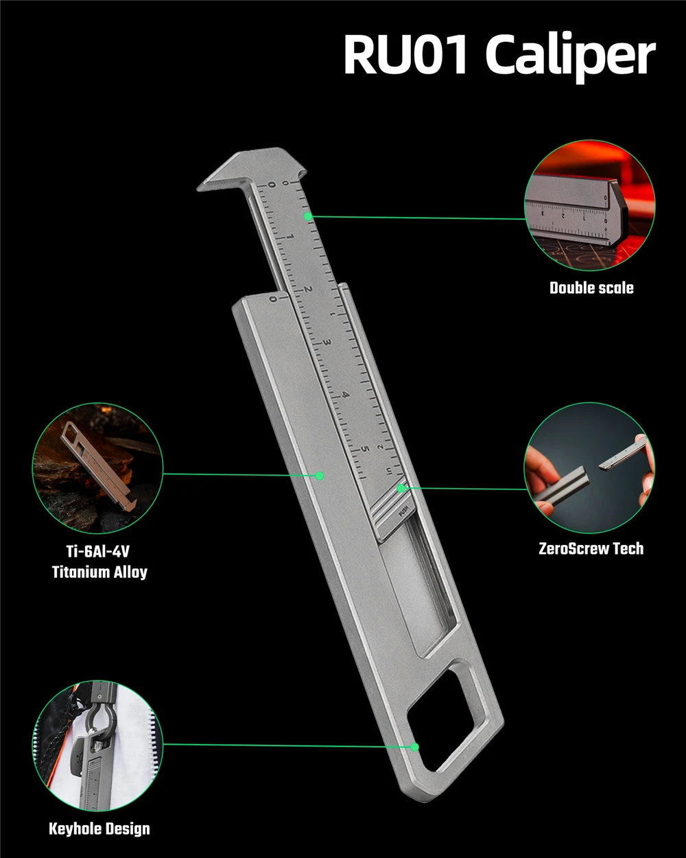 RU01 Minimalist Zeroscrew Tech Titanium Caliper Portable Outdoor Tools Caliper Measuring Tool EDC Caliper