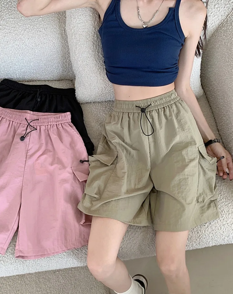Women Summer Elastic Waist Drawstring Cargo Shorts Lady Student Loose Casual Pants Woman Outdoor Sports Pants Teen Girls Casual
