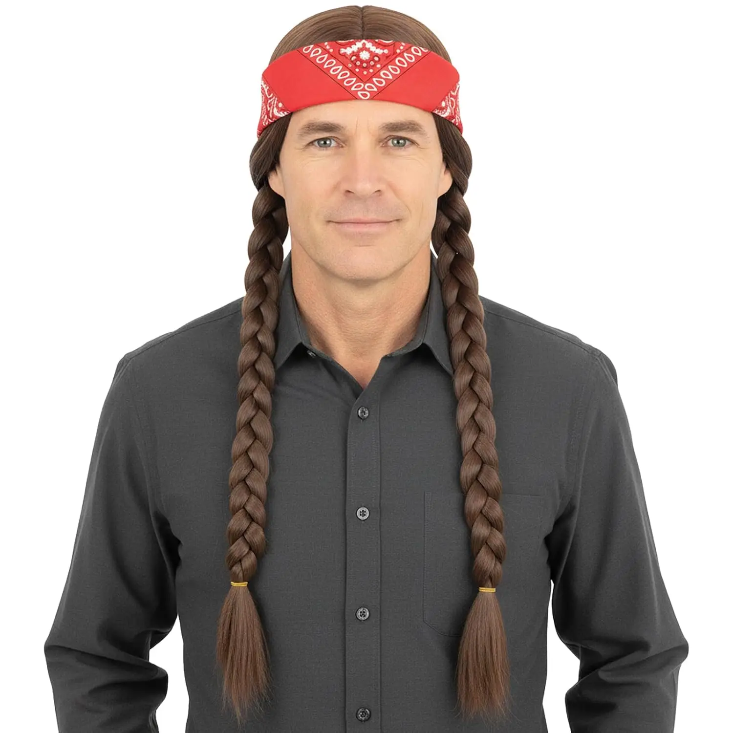 Long Brown Braided Wig with Bandana for Mens 60s Hippie Costume Halloween Party Wigs