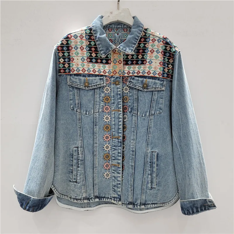 

Новинка в куртках с лацканами и молнией с нашивками, вышитый топ в стиле ретро, синяя джинсовая куртка, женское однобортное пальто с длинными рукавами