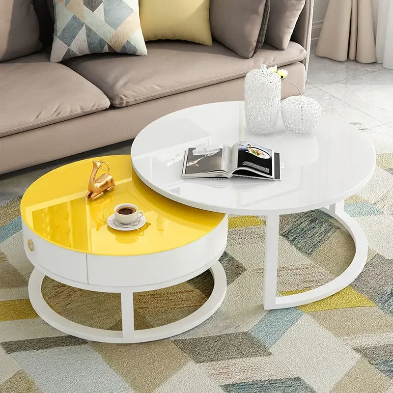 Nordic 2pcs Living Room White Coffee Tables Marble Texture Tea Table Furniture Round Durable Table Basse Muebles Tempered Glass