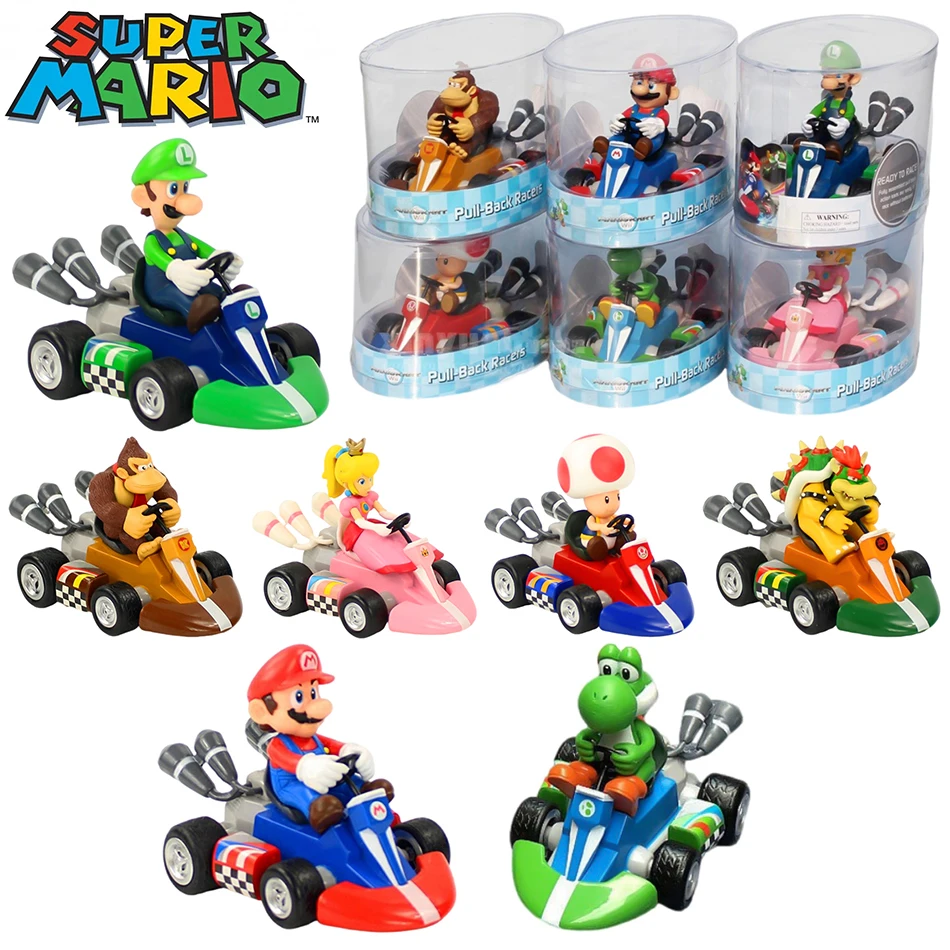 Coche de juguete Super Mario con función de retroceso, Yoshi verde, Donkey Kong, Bowser, Luigi, Toad, Princesa Peach, figuras de acción, juguetes de anime, muñecos de juego, regalos para niños