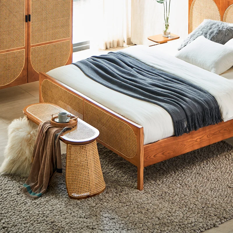 

Wabi Sandy Wind Solid Wood Bench Household Simple Rattan Bench Homestay Hotel Bedroom 1.2m End of Bed Change Shoes Long Stool