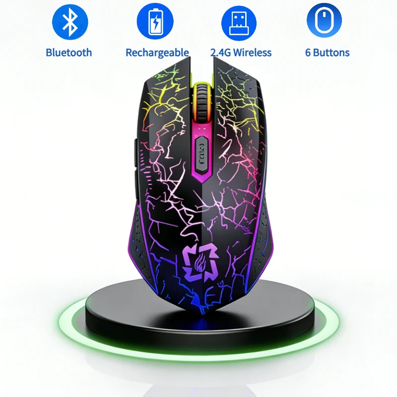 RGB Gaming Mouse Bluetooth Mouse 2.4G Wireless Mouse Ergonomic 1600DPI 6 Mute Buttons Mouse For MacBook Tablet Laptops Computer