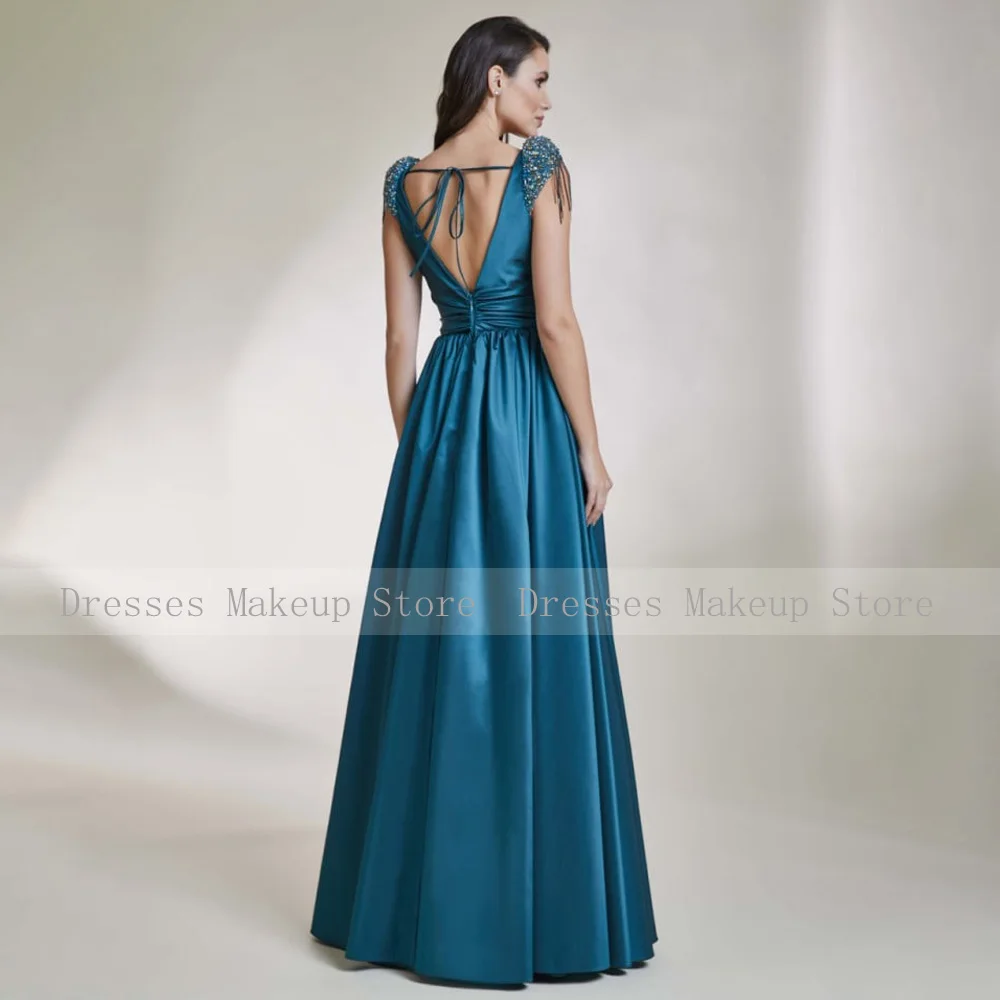 Women's Evening Dress with Pockets Crystal Beading Tassel Luxury Prom Gowns Long Backless A Line Satin Formal Party Dresses