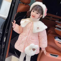 2023 Autumn Winter Baby Girls Coats Children Clothing Princess Floral Cotton-padded Jacket Outdoor Warm Plush Kids Outerwear