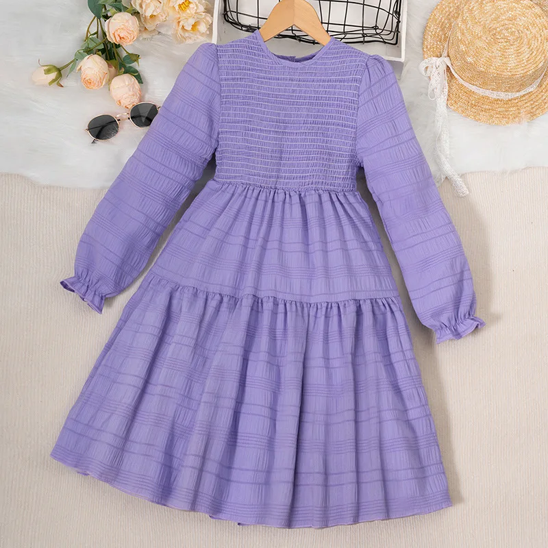 

2023 Winter New Girls Dress Long Sleeve O Neck Ruffles Purple Cute Designer Girls Princess Dress Vestido 8-12T