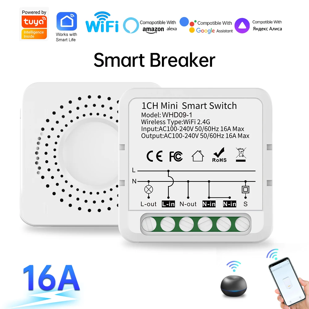 

RKHK 16A Tuya Wifi Smart Light Switches 1 Gang Control Intelligent Life Relay Automation Breaker Works With Alexa Google Home