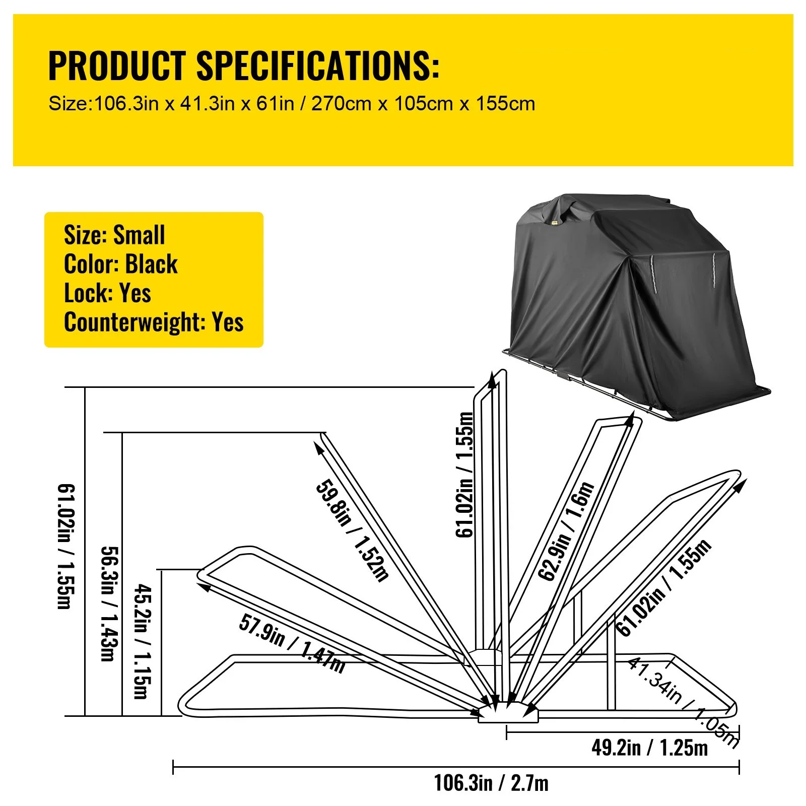 Motorcycle Shelter Waterproof Motorcycle Cover Shelter Shed Motorbike Storage Garage Tent w/ Lock & Weight Bag , 600D Oxford
