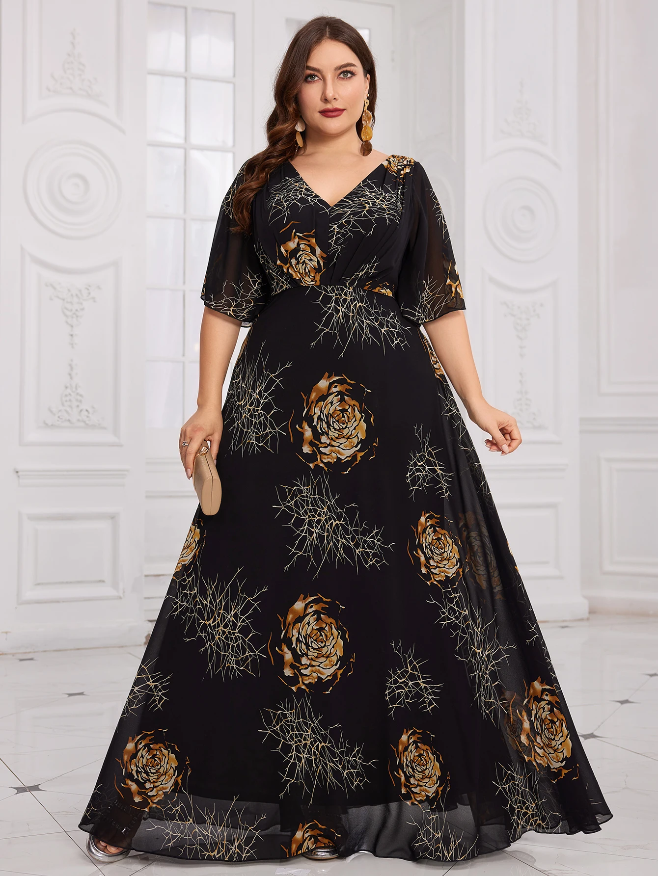 

UNITHORSE plus Size V-Neck Printed Maxi Skirt for Maids of Honor Evening Dresses Flowing Chiffon Gowns for Women