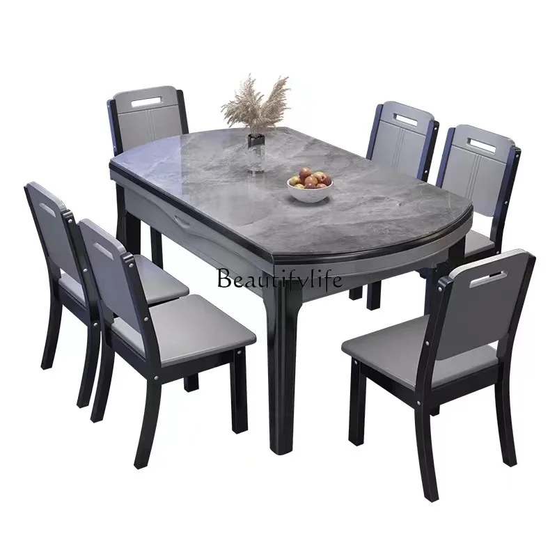 

Bright rock slab dining table and chair combination multi-functional square and round dual-purpose solid wood