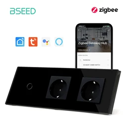 Bseed EU Standard Zigbee Wall Touch Switches 1/2/3 Gang Light Switch Double Wall Socket Plug Tuya Smart Life Control No Neutral