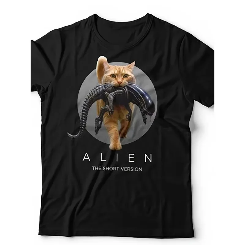 Vintage Alien T-Shirt Retro Japanese Movie Graphic Tees T-Shirt Vintage Men's Women Top Iconic Cat & Xenomorph Print Sci-Fi Tee
