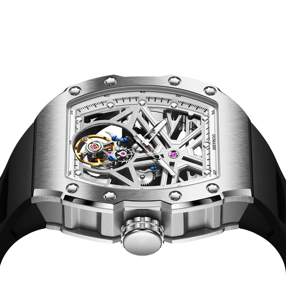 นาฬิกาตูร์บิญองสำหรับผู้ชาย ตัวเรือนสแตนเลส กระจกแซฟไฟร์ กันน้ำ นาฬิกากลไกเปลือย แสดงเวลาแบบเรืองแสงสีเขียว นาฬิกาหรูสำหรับนักธุรกิจ